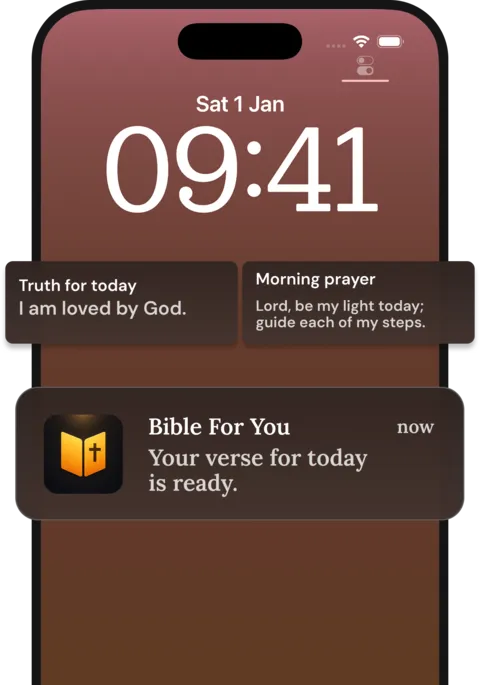 iPhone Lock Screen with Bible For You widgets showing “Truth for today” and a morning prayer, plus a notification that today’s verse is ready.