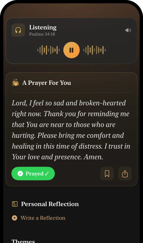 “A Prayer For You” card in dark mode, with a Prayed button and a link to write a personal reflection.