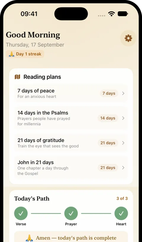 Home screen with reading plans: 7 days of peace, 14 days in the Psalms, 21 days of gratitude and John in 21 days.