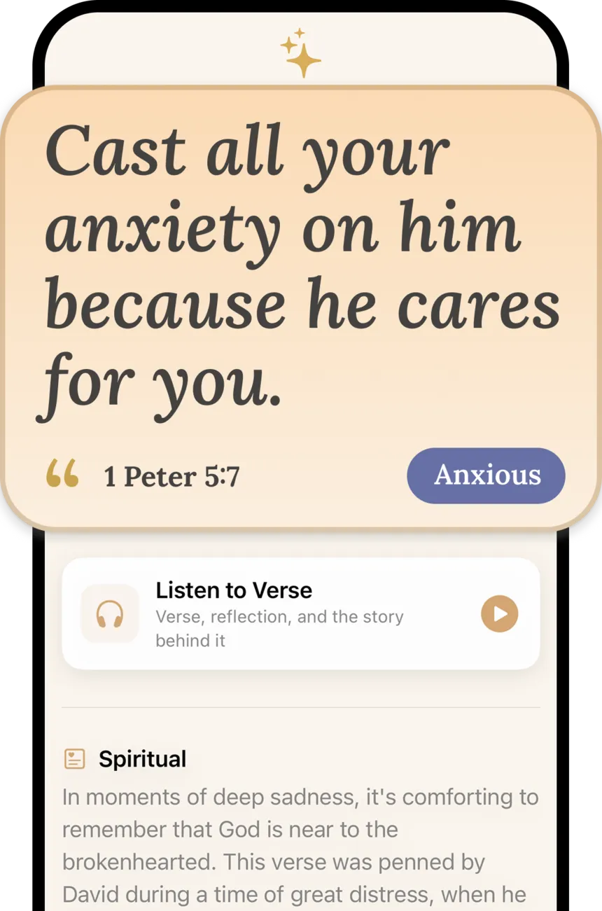 Bible For You showing 1 Peter 5:7, “Cast all your anxiety on him because he cares for you,” tagged “Anxious”, with a Listen to Verse button below.