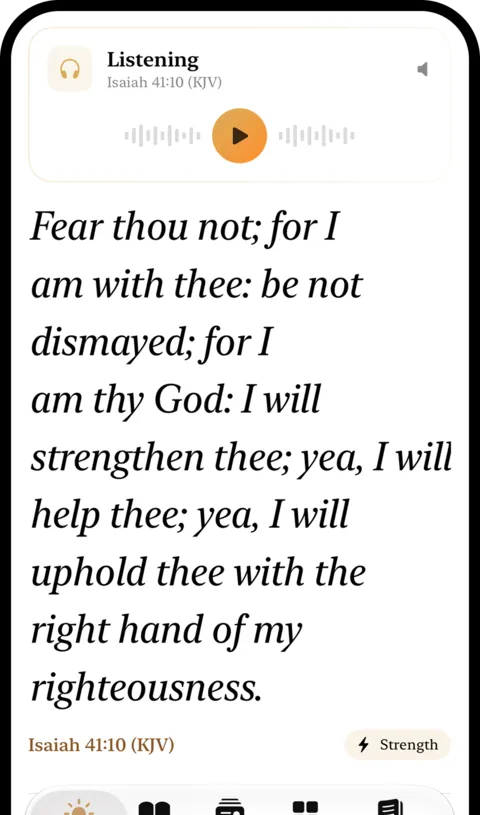 Isaiah 41:10 shown as the verse of the day with an audio player at the top.